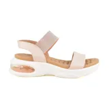 Sandalia de diseño moderno con tiras en tonos rosados y plataforma blanca, ideal para uso diario.
