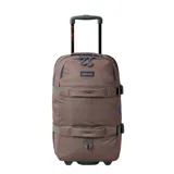 Bolso de viaje Rip Curl modelo F-Light Transit con capacidad de 45 litros. Es una maleta de mano con ruedas y asa retráctil, color marrón con textura de rombos. Presenta múltiples bolsillos frontales y correas de compresión laterales.