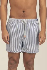 Short de baño a rayas verticales azules y blancas, con cintura elástica ajustable con cordón y logo bordado en la pierna.