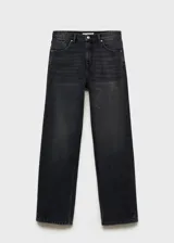 Pantalón de jean negro de corte recto, tiro alto y cinco bolsillos.