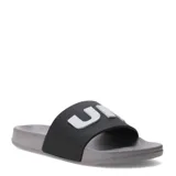 Chanclas tipo slide marca Umbro modelo Flip para hombre, con banda ancha negra y logo de la marca en blanco. Poseen suela de EVA gris con plantilla anatómica.