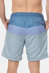 Short de baño clásico con rayas horizontales en tonos de azul, cintura elástica con cordón ajustable, dos bolsillos laterales y suspensor de malla fina.