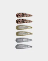 Set de seis hebillas tic tac de metal, dos con estampado animal print de leopardo, dos doradas con glitter y dos plateadas con glitter.