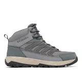 Bota de trekking Columbia Strata Trail Mid WP para hombre, color gris con detalles en azul y beige. Confeccionada con materiales impermeables y transpirables Omni-Tech™, empeine de malla y ante con refuerzos de cuero sintético, lengüeta reforzada, mediasuela Techlite™ y suela de caucho Omni-Grip™.