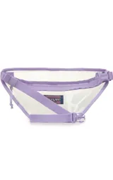 Riñonera transparente con ribetes negros y logo de JanSport en el frente. Tiene un compartimento principal con cierre y correa ajustable con hebilla.