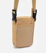 Bolso mini bandolera color blanco con correa ajustable, cierre de cremallera y bolsillo frontal con cremallera.