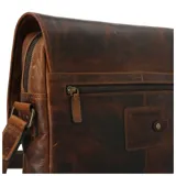 Maletín de cuero marrón con correa de hombro ajustable, solapa con cierre magnético y hebillas decorativas. Incluye compartimento principal con cierre, bolsillo acolchado para laptop de 15 pulgadas, bolsillo trasero con cierre y bolsillo interior con cierre.