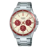 Reloj analógico Casio MTP1374D-5A2VDF para hombre, con caja y correa de acero inoxidable plateado, esfera color crema con detalles en rojo y cristal mineral. Resistente al agua hasta 50 metros.