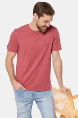 Remera celeste de manga corta con cuello redondo y bordado pequeño en el pecho. Corte clásico.