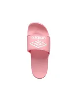 Ojotas rosas con logo de Umbro en blanco en la tira.