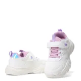 Zapatillas deportivas blancas con detalles en lila, ajuste con cordones elásticos y tira de velcro con un corazón.