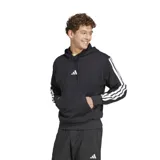Canguro Adidas Essentials Pocket negro con capucha y bolsillo tipo canguro. Tiene el logo de Adidas bordado en el pecho y las tres tiras blancas características de la marca en las mangas.
