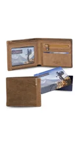 Billetera de cuero color marrón con faja vertical combinada y detalle de costura en zigzag. El interior cuenta con doble compartimento para billetes, visor para identificación, múltiples tarjeteros y bolsillos, además de un monedero interno con cierre.