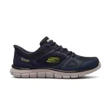 Championes deportivos Skechers modelo Track Ezral en color azul marino. Cuentan con tecnología Hands Free Slip-ins para un calce fácil sin manos, parte superior de malla transpirable con superposiciones de cuero y material sintético, y plantilla acolchada de espuma viscoelástica Memory Foam.