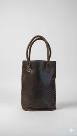 Bolso matero de cuero color marrón oscuro con costuras a mano y manijas trenzadas.
