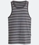 Musculosa gris con rayas horizontales blancas, cuello redondo y sisas con ribete gris.
