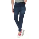 Pantalón de jean gris oscuro, corte skinny y tiro medio.