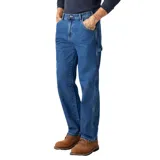 Pantalón de jean azul, corte recto, estilo carpintero, con bolsillos laterales y traseros.