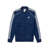 Campera Adidas de poliéster azul marino con cierre frontal, cuello alto y tres rayas blancas en mangas y hombros.