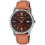 Reloj Casio con correa de cuero marrón, esfera marrón con números romanos y caja plateada.