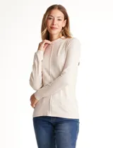 Polera beige de tejido de hilado fino, marca Tahari, con cuello mock y pespunte central en la parte delantera.