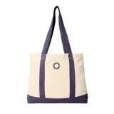 Bolso de mano tipo tote Rip Curl, color beige con detalles en azul marino. Presenta el logo de la marca estampado en el centro y doble asa de hombro.