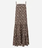 Vestido midi de viscosa con estampado de leopardo, corte evasé y escote recto. Presenta breteles finos y un ruedo con recortes fruncidos.