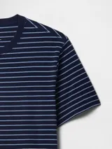 Remera de hombre a rayas horizontales azul marino y celeste, de corte recto y manga corta.