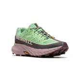 Championes de trail running Merrell Agility Peak 5, color verde claro con detalles en marrón y suela color lavanda.
