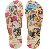 Ojotas Havaianas Slim con estampado de Las Chicas Superpoderosas y tiras doradas.