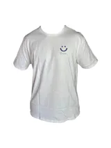 Remera blanca de algodón con cuello redondo y manga corta. Estampado pequeño en el pecho con una carita sonriente y la palabra 'Tuya'.