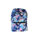 Mochila con estampado abstracto en tonos azul, rosa y amarillo. Cuenta con un compartimento principal con cierre y un bolsillo frontal con cierre. Tiene correas ajustables y logo de la marca en el frente.