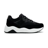 Zapatillas deportivas negras con detalles en cuero sintético, gamuza y malla. Suela gruesa blanca con diseño ondulado.