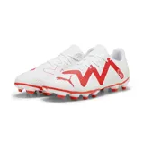 Championes de fútbol Puma Fut.Play FG/AG, color blanco con detalles en rojo.