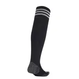 Medias de fútbol Adidas adi 23 negras con detalles en gris y tres rayas blancas horizontales en la parte superior.