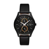 Reloj Armani Exchange para hombre, con caja redonda de acero inoxidable color negro, esfera negra con detalles en naranja y correa de cuero negra.