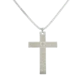 Collar largo con dije de cruz plana con grabados, disponible en dorado y plateado.