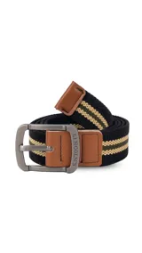 Cinturón casual negro de tela canvas con hebilla metálica plateada y detalles en cuero sintético negro.