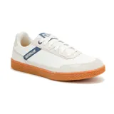 Championes Caterpillar Pause Retro Canvas, color blanco con detalles en azul y suela color caramelo.