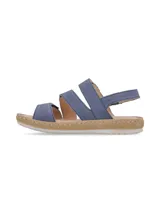 Sandalias de cuero nobuck color rosa pálido, con múltiples tiras ajustables con velcro, plantilla de cuero acolchada y suela de PVC cosida y flexible.