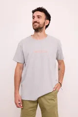Remera gris de manga corta con cuello redondo y logo de la marca Brixton estampado en el pecho.
