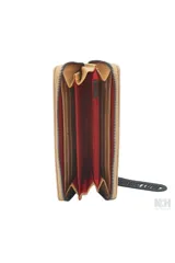 Billetera azul con cierre de cremallera y dije de labios negros.