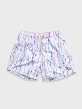 Short de baño blanco con estampado de cadenas, flores y libélulas en tonos azul, naranja y violeta.