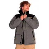 Campera puffer amarilla con cuello alto y parte superior en pana negra. Tiene cierre frontal con velcro, bolsillos laterales con cierre y puños ajustables.