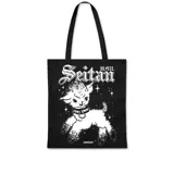 Bolso tote negro de tela con estampado en blanco de un cordero con collar, rodeado de estrellas y el texto 'Hail Seitan'.