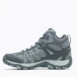 Botín de senderismo impermeable Merrell Accentor 3 Mid WP, color gris con detalles en celeste. Fabricado con parte superior de ante y malla, cordones y correas recicladas, puntera protectora de goma y suela de goma adherente.