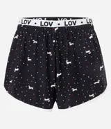 Short de pijama negro con estampado de perritos blancos y cintura elástica con la inscripción "LOV".