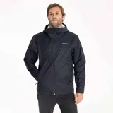 Campera impermeable con capucha Merrell Fallon Rain Shell para hombre, color negro, con cierre frontal, bolsillos laterales con cierre y logo de la marca estampado en el pecho. Ideal para actividades al aire libre.