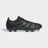 Championes de fútbol Adidas Predator League FG, color negro con detalles en amarillo neón. Presentan un exterior Hybridfeel con textura 3D integral y aletas Strikescale para mayor agarre, y suela Controlplate multiterreno.