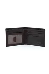 Billetera de cuero marrón con doble compartimento para billetes, múltiples ranuras para tarjetas y monedero con broche. Incluye logo de la marca grabado en la parte frontal.